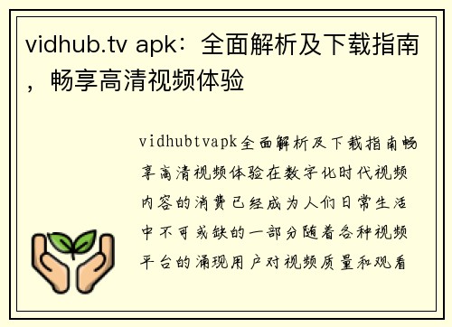 vidhub.tv apk：全面解析及下载指南，畅享高清视频体验