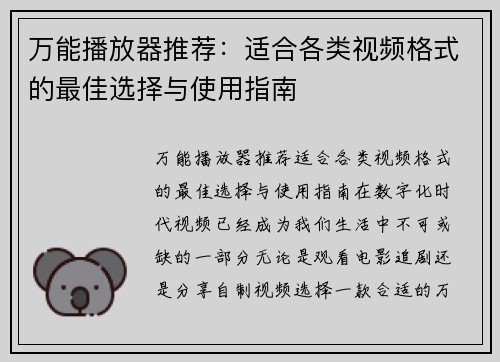 万能播放器推荐：适合各类视频格式的最佳选择与使用指南